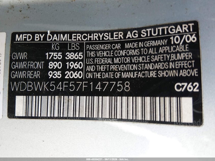 2007 Mercedes-benz Slk-class VIN WDBWK54F57F147758 IAAI salvage auction — FRONT & REAR, Bill Of Sale (Washington), sold $1,000 on 2026-07-08 (photo 9)