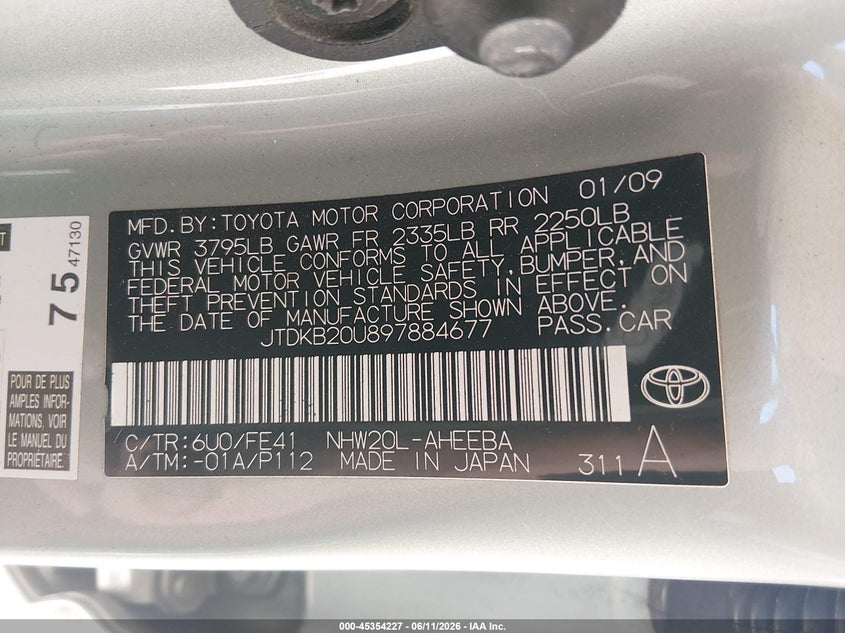 2009 Toyota Prius VIN JTDKB20U897884677 IAAI salvage auction — LEFT FRONT, Bill Of Sale (Washington), sold $1,250 on 2026-07-15 (photo 9)