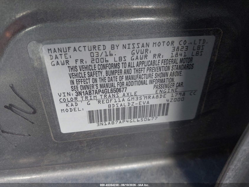 2016 Nissan Sentra VIN 3N1AB7AP4GL650677 IAAI salvage auction — FRONT END, Salvage (California), sold $925 on 2026-07-09 (photo 9)