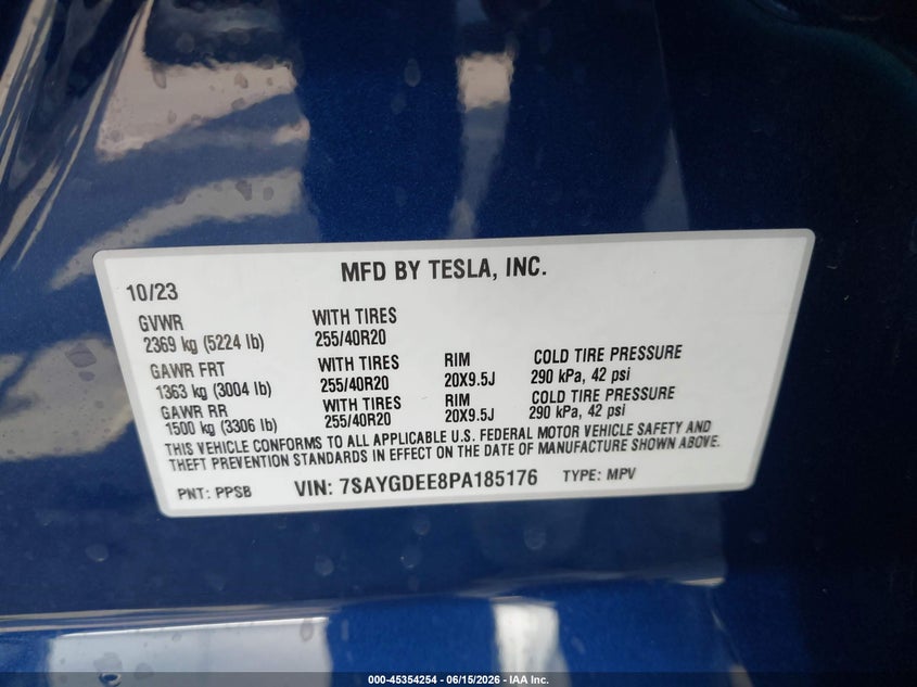 2023 Tesla Model y VIN 7SAYGDEE8PA185176 IAAI salvage auction — FRONT END, Salvage (Arizona), sold $8,800 on 2026-07-11 (photo 9)
