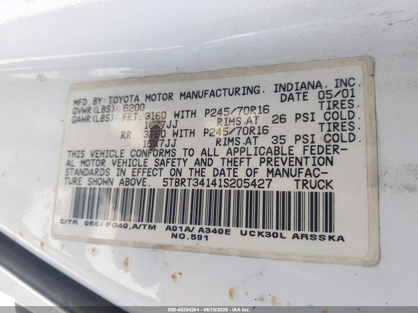 2001 Toyota Tundra VIN 5TBRT34141S205427 IAAI salvage auction — REAR END, Salvage (California), sold $1,650 on 2026-07-08 (photo 9)