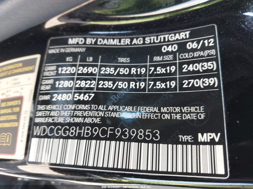 2012 Mercedes-benz Glk-klasse VIN WDCGG8HB9CF939853 IAAI salvage auction — FRONT END, Clear (Indiana), sold $925 on 2026-07-22 (photo 9)