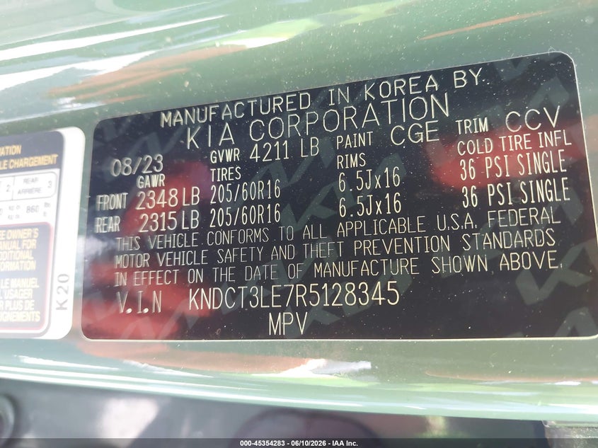 2024 Kia Niro VIN KNDCT3LE7R5128345 IAAI salvage auction — FRONT END, Salvage Title, sold $3,350 on 2026-07-28 (photo 9)