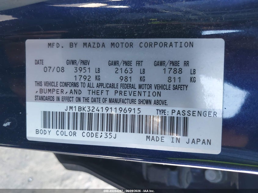 2009 Mazda 3 VIN JM1BK324191196915 IAAI salvage auction — NORMAL WEAR, Clear - Dealer Only (California), sold $275 on 2026-07-22 (photo 9)