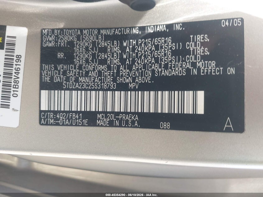 2005 Toyota Sienna VIN 5TDZA23C25S318793 IAAI salvage auction — NORMAL WEAR, Clear - Dealer Only (California), sold $450 on 2026-07-21 (photo 9)
