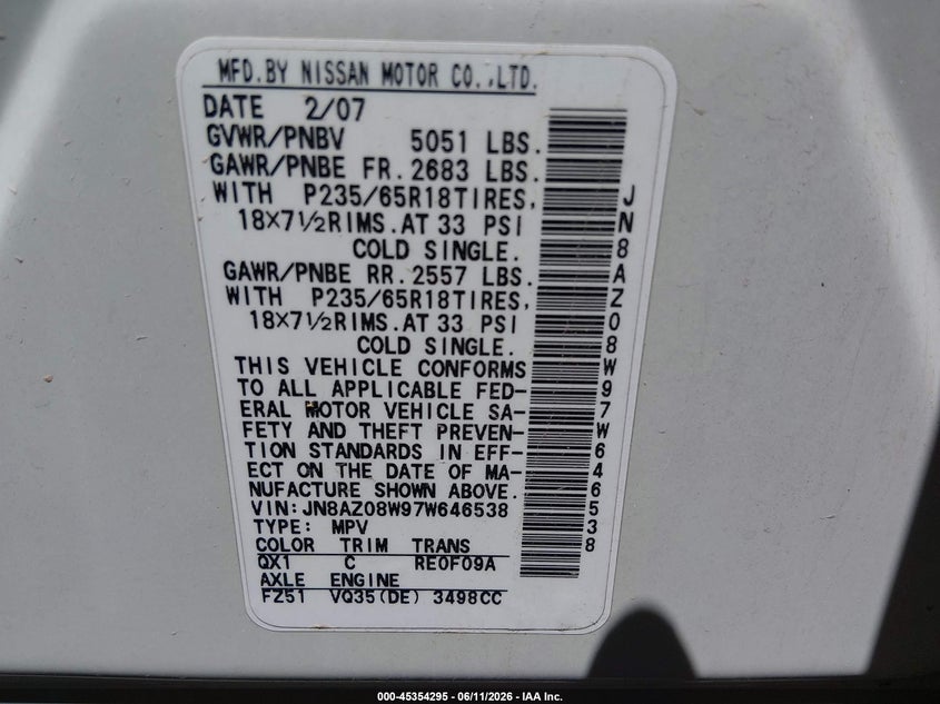 2007 Nissan Murano VIN JN8AZ08W97W646538 IAAI salvage auction — FRONT END, Salvage (Utah), sold $275 on 2026-07-09 (photo 9)