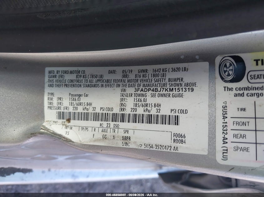 2019 Ford Fiesta VIN 3FADP4BJ7KM151319 IAAI salvage auction — SIDE, Rebuildable (Florida), sold $450 on 2026-07-19 (photo 9)