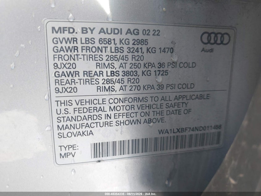 2022 Audi Q7 VIN WA1LXBF74ND011456 IAAI salvage auction — FRONT END, Salvage - Greater Than 75% (Maryland), sold $14,300 on 2026-07-08 (photo 9)