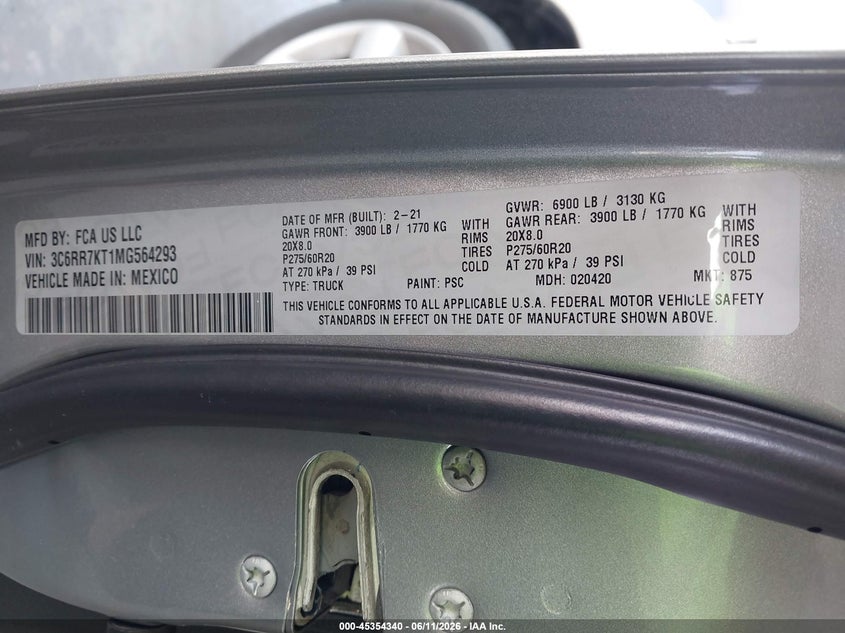 2021 Ram 1500 VIN 3C6RR7KT1MG564293 IAAI salvage auction — REAR END, Salvage Title, sold $6,200 on 2026-07-29 (photo 9)