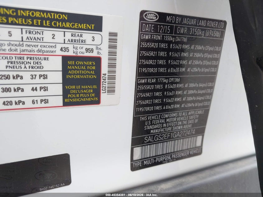 2016 Land rover RANGE ROVER VIN SALGS2EF1GA272474 IAAI salvage auction — LEFT FRONT, Original (Texas), sold $3,250 on 2026-07-28 (photo 9)