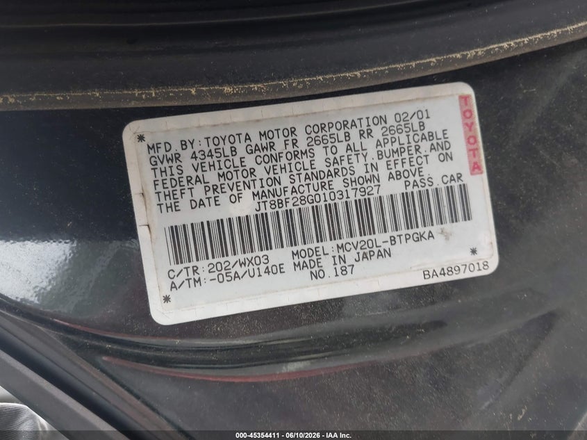 2001 Lexus ES VIN JT8BF28G010317927 IAAI salvage auction — NORMAL WEAR, Clear (Arkansas), sold $400 on 2026-07-08 (photo 9)