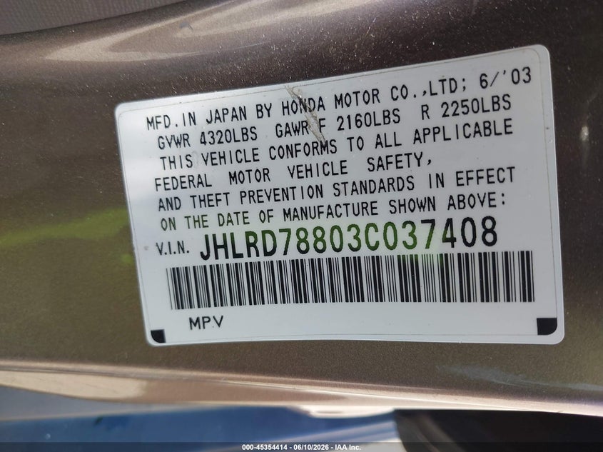 2003 Honda Cr-v VIN JHLRD78803C037408 IAAI salvage auction — FRONT END, Salvage (California), sold $1,800 on 2026-07-27 (photo 9)