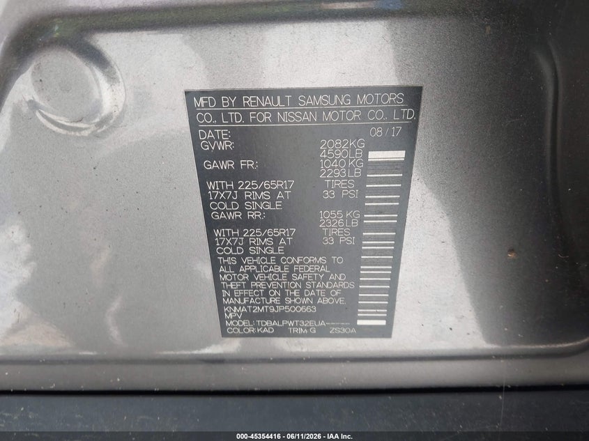 2018 Nissan Rogue VIN KNMAT2MT9JP500663 IAAI salvage auction — NORMAL WEAR, Clear (Mississippi), sold $1,025 on 2026-07-17 (photo 9)
