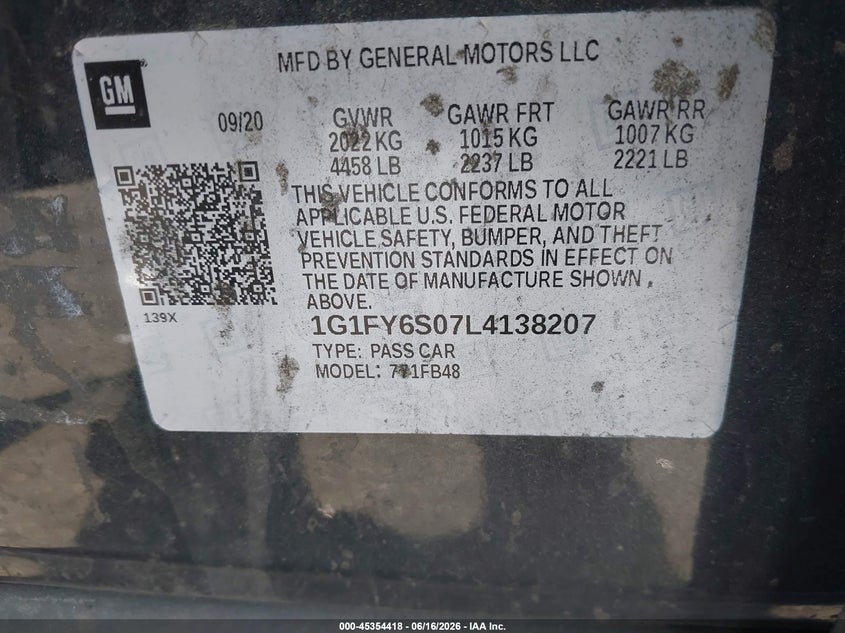 2020 Chevrolet Bolt euv VIN 1G1FY6S07L4138207 IAAI salvage auction — FRONT END, Salvage Title, sold $5,100 on 2026-07-29 (photo 9)