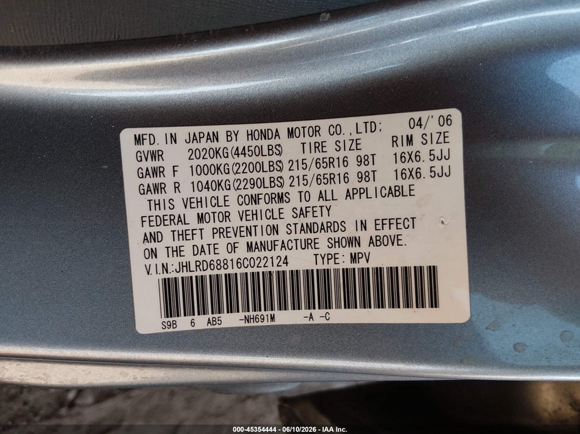 2006 Honda Cr-v VIN JHLRD68816C022124 IAAI salvage auction — LEFT & RIGHT, Salvage (Arizona), sold $150 on 2026-07-28 (photo 9)
