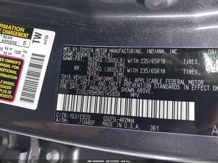 2021 Toyota Highlander VIN 5TDGZRBH0MS145909 IAAI salvage auction — FRONT END, Salvage Title, sold $14,300 on 2026-07-26 (photo 9)