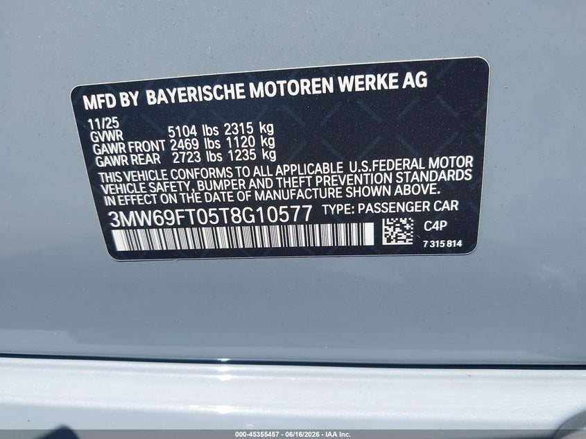 2026 BMW 3er VIN 3MW69FT05T8G10577 IAAI salvage auction — FRONT & REAR, Salvage Title, sold $21,025 on 2026-08-31 (photo 9)