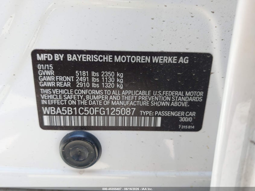 2015 BMW 5er VIN WBA5B1C50FG125087 IAAI salvage auction — RIGHT FRONT, Salvage Title, sold $3,700 on 2026-07-28 (photo 9)