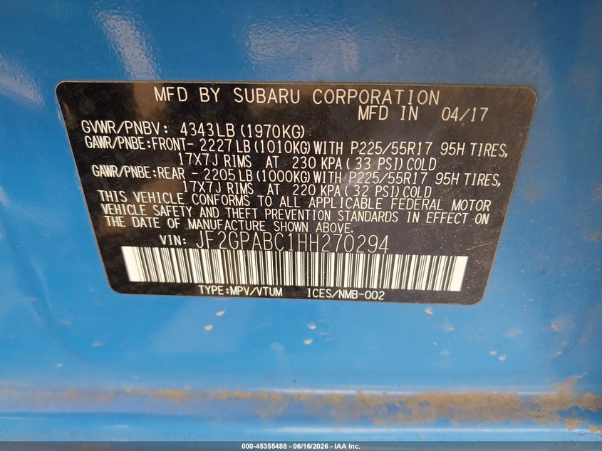 2017 Subaru Xv VIN JF2GPABC1HH270294 IAAI salvage auction — RIGHT REAR, Bill Of Sale (Washington), sold $4,100 on 2026-07-07 (photo 9)