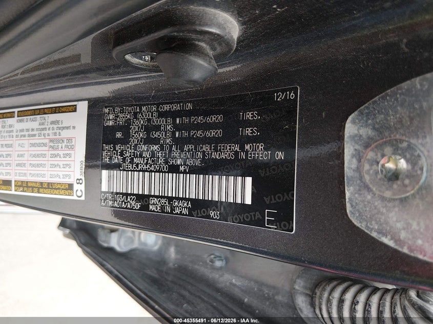2017 Toyota 4runner VIN JTEBU5JR9H5409700 IAAI salvage auction — NORMAL WEAR, Original (Texas), sold $10,950 on 2026-07-13 (photo 9)