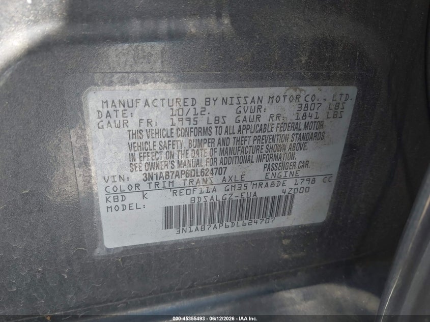 2013 Nissan Sentra VIN 3N1AB7AP6DL624707 IAAI salvage auction — REAR END, Salvage (California), sold $950 on 2026-07-09 (photo 9)