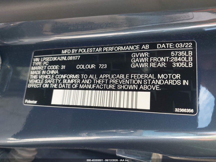 2022 Polestar 2 VIN LPSED3KA2NL081177 IAAI salvage auction — NORMAL WEAR, Clear (Arizona), sold $6,850 on 2026-07-16 (photo 9)