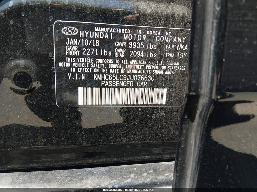 2018 Hyundai Ioniq hybrid VIN KMHC65LC9JU076630 IAAI salvage auction — NORMAL WEAR, SF97 (California), sold $225 on 2026-07-30 (photo 9)