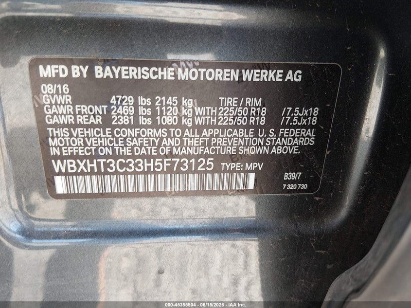2017 BMW X1 VIN WBXHT3C33H5F73125 IAAI salvage auction — FRONT END, Salvage (Oregon), sold $2,900 on 2026-07-29 (photo 9)