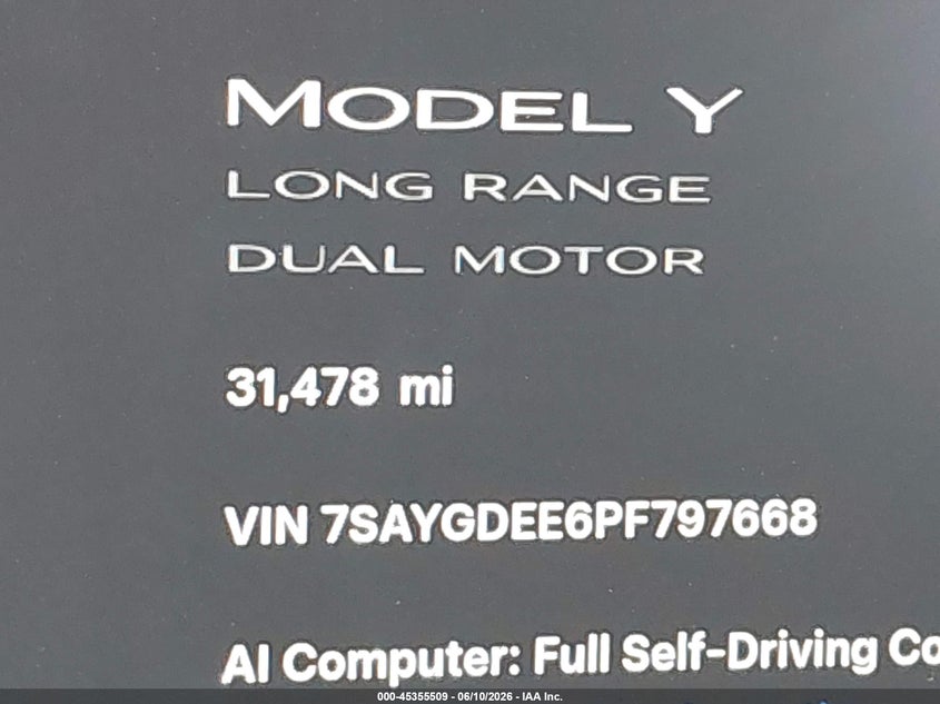 2023 Tesla Model y VIN 7SAYGDEE6PF797668 IAAI salvage auction — FRONT END, Salvage Title, sold $13,650 on 2026-07-16 (photo 7)