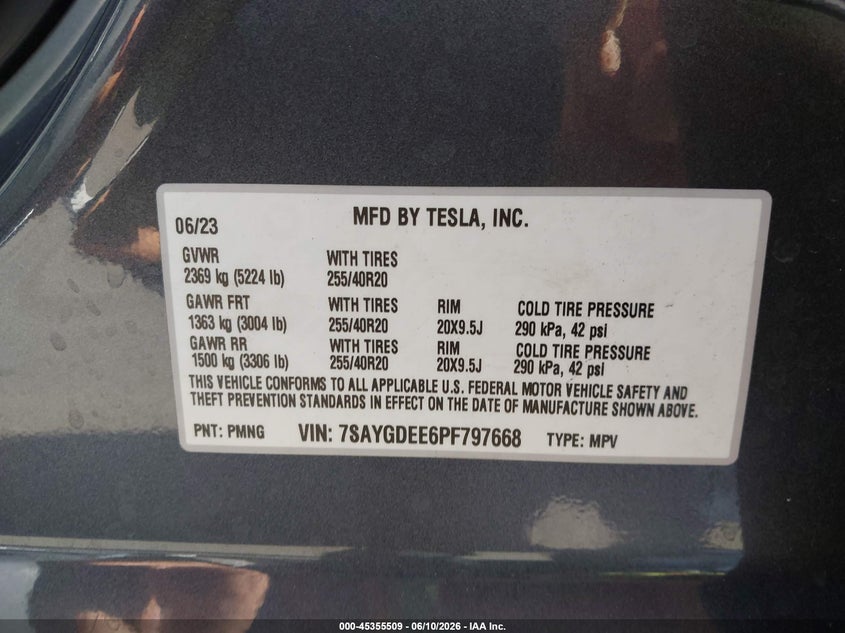 2023 Tesla Model y VIN 7SAYGDEE6PF797668 IAAI salvage auction — FRONT END, Salvage Title, sold $13,650 on 2026-07-16 (photo 9)