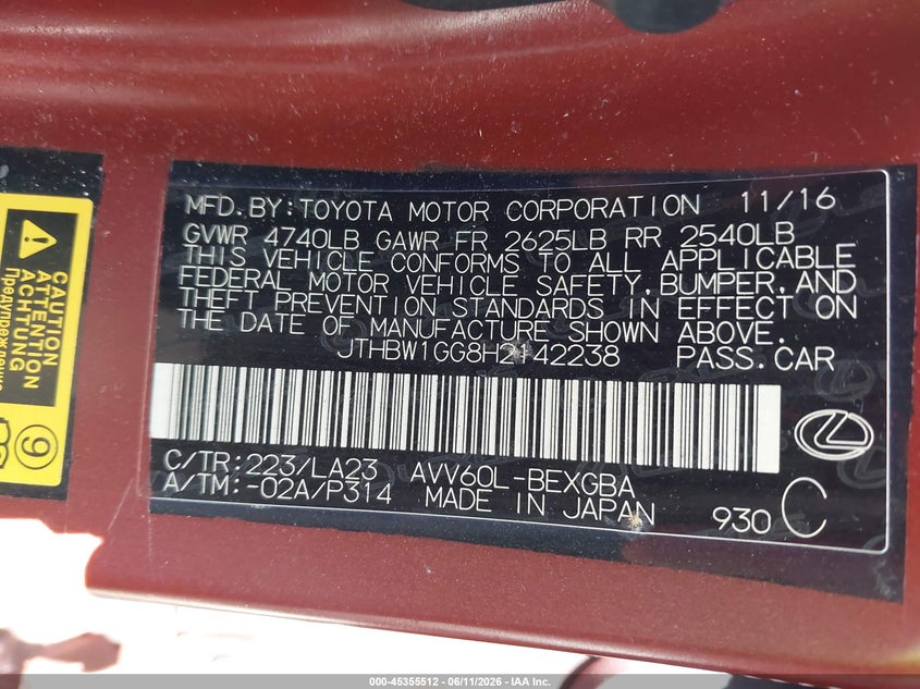 2017 Lexus ES VIN JTHBW1GG8H2142238 IAAI salvage auction — LEFT FRONT, Bill Of Sale (Washington), sold $3,100 on 2026-07-08 (photo 9)