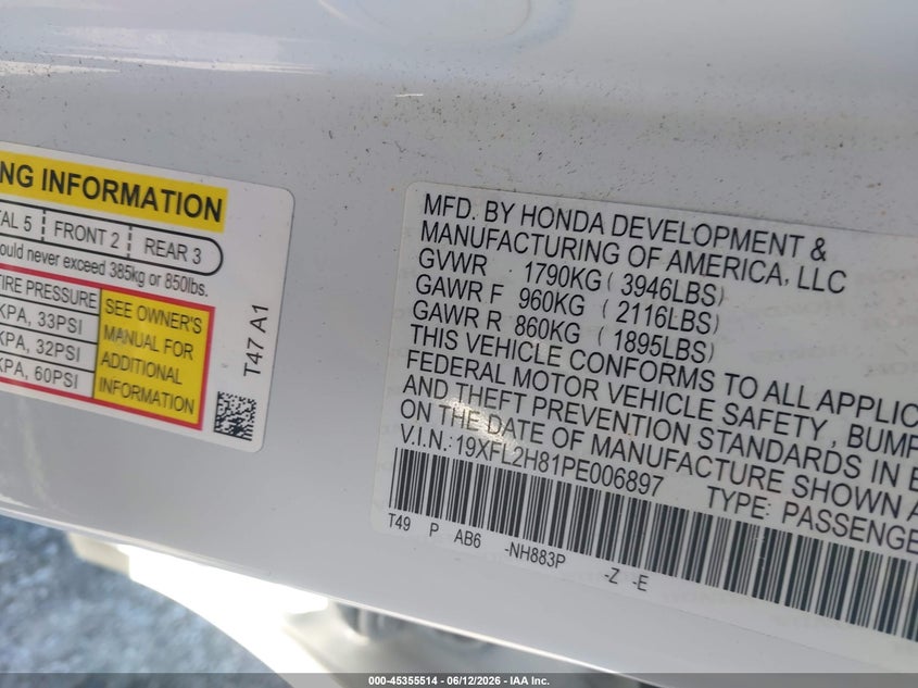 2023 Honda Civic VIN 19XFL2H81PE006897 IAAI salvage auction — SIDE, Salvage (Wisconsin), sold $5,250 on 2026-07-20 (photo 9)