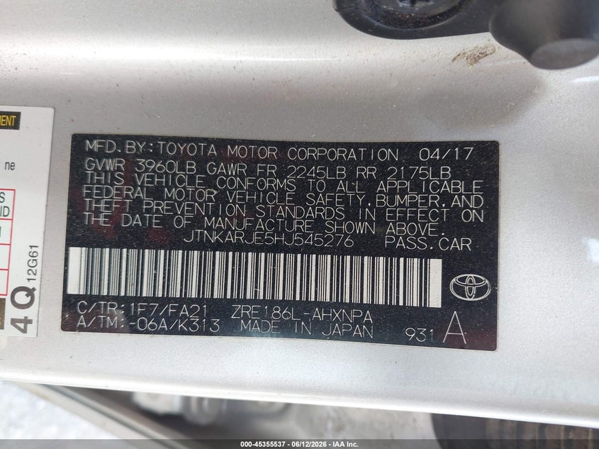 2017 Toyota Corolla VIN JTNKARJE5HJ545276 IAAI salvage auction — ALL OVER, Salvage (Texas), sold $600 on 2026-07-15 (photo 9)