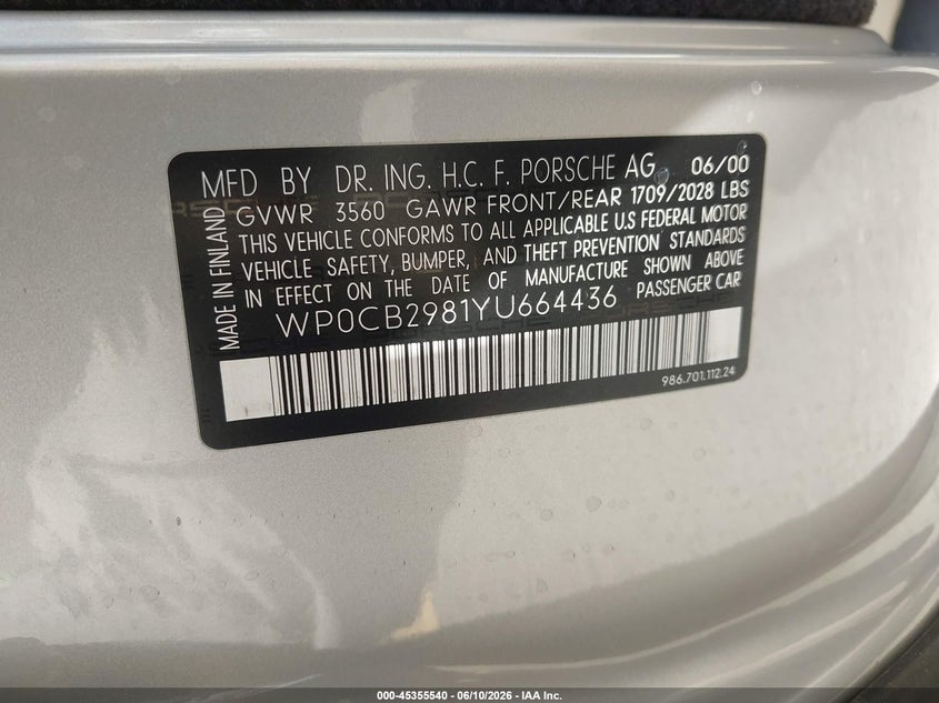 2000 Porsche Boxster VIN WP0CB2981YU664436 IAAI salvage auction — LEFT REAR, Salvage (California), sold $1,800 on 2026-07-29 (photo 9)