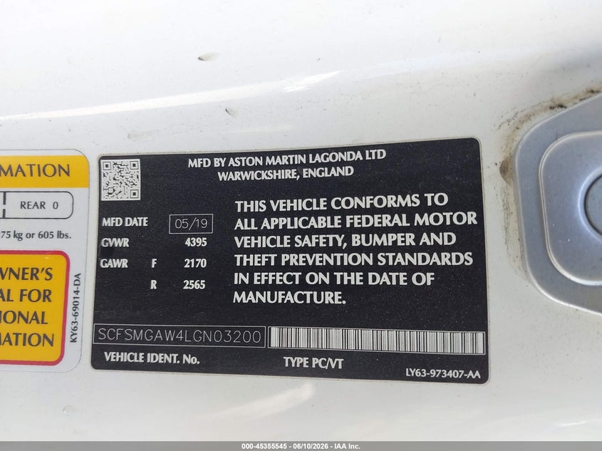 2020 Aston martin Vantage VIN SCFSMGAW4LGN03200 IAAI salvage auction — LEFT SIDE, Salvage Title, sold $45,950 on 2026-10-14 (photo 9)
