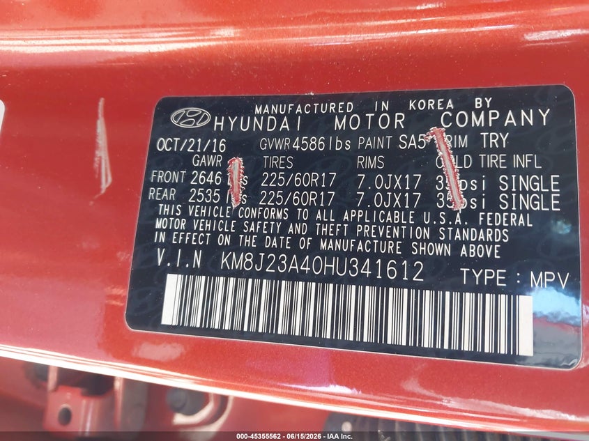 2017 Hyundai Tucson VIN KM8J23A40HU341612 IAAI salvage auction — FRONT END, Mv-907A (New York), sold $1,500 on 2026-07-28 (photo 9)