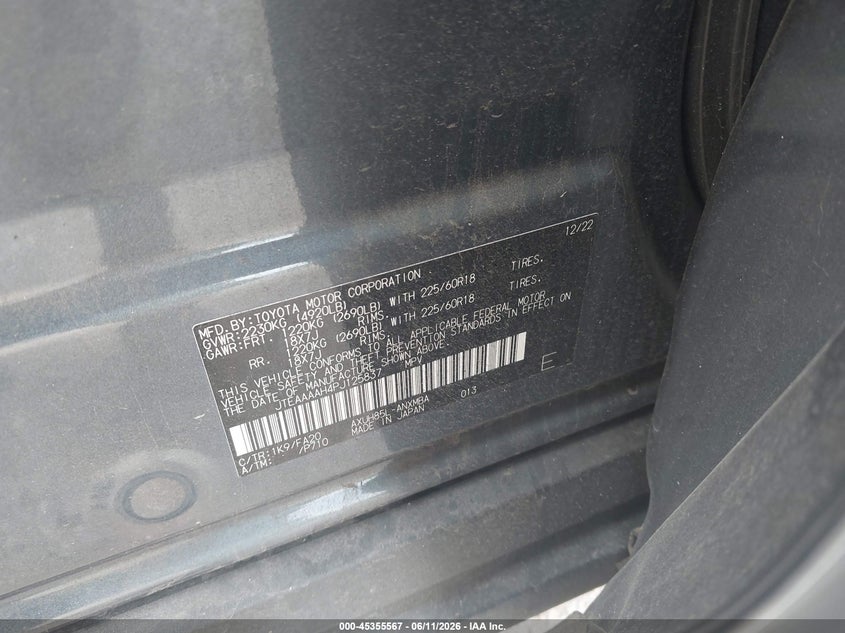 2023 Toyota Venza VIN JTEAAAAH4PJ125837 IAAI salvage auction — FRONT & REAR, Salvage (Texas), sold $6,250 on 2026-07-28 (photo 9)