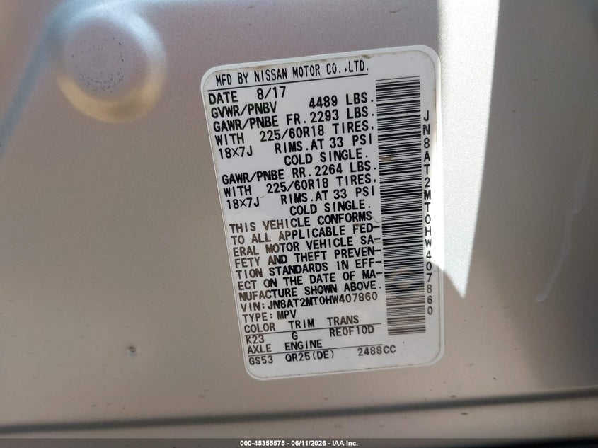 2017 Nissan Rogue VIN JN8AT2MT0HW407860 IAAI salvage auction — FRONT END, Salvage (Alabama), sold $2,125 on 2026-07-08 (photo 9)