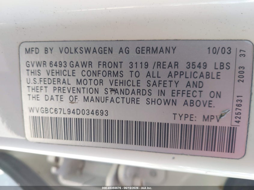 2004 Volkswagen Touareg VIN WVGBC67L94D034693 IAAI salvage auction — NORMAL WEAR, Clear (Illinois), sold $325 on 2026-07-07 (photo 9)