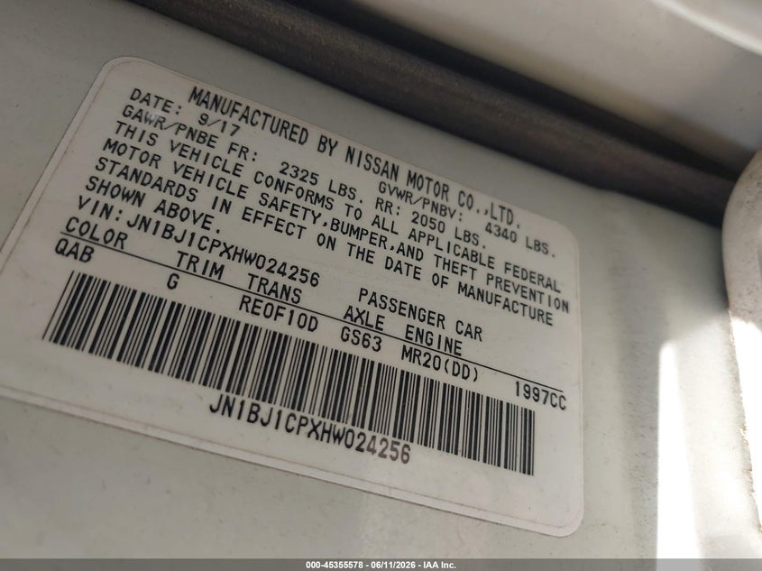 2017 Nissan VIN JN1BJ1CPXHW024256 IAAI salvage auction — ROLLOVER, Salvage (Texas), sold $775 on 2026-07-05 (photo 9)