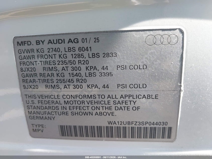 2025 Audi Q4 sportback e-tron VIN WA12UBFZ3SP044030 IAAI salvage auction — FRONT END, Salvage Title, sold $8,050 on 2026-07-31 (photo 9)