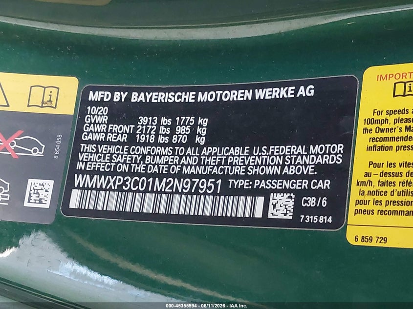 2021 Mini Hard top VIN WMWXP3C01M2N97951 IAAI salvage auction — REAR END, Bill Of Sale (Washington), sold $2,575 on 2026-07-30 (photo 9)