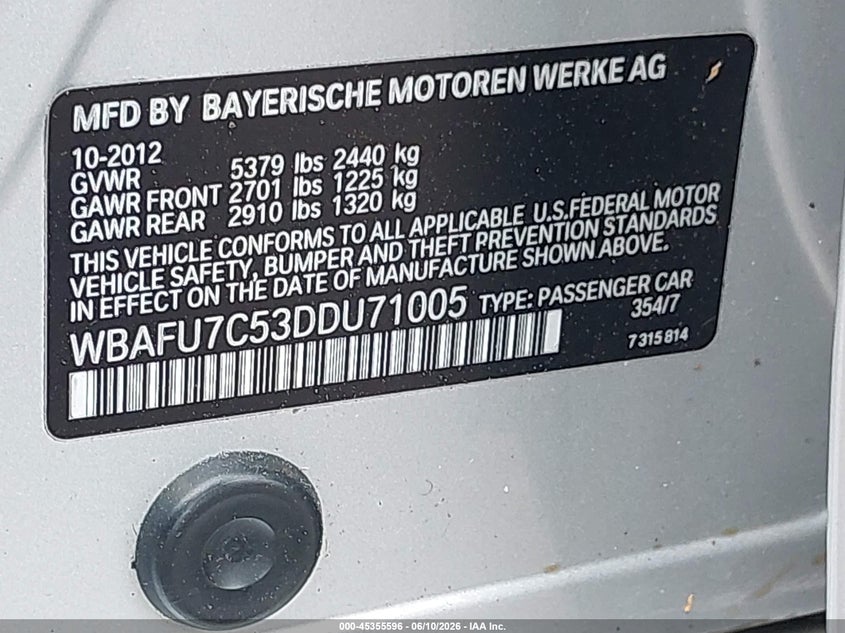 2013 BMW 5 series VIN WBAFU7C53DDU71005 IAAI salvage auction — NORMAL WEAR, Clear (New Jersey), sold $800 on 2026-07-20 (photo 9)