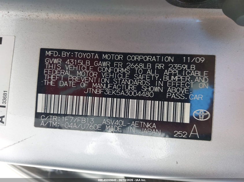 2010 Toyota Camry VIN JTNBF3EK5A3004480 IAAI salvage auction — NORMAL WEAR, Clear - Dealer Only (California), sold $1,300 on 2026-07-16 (photo 9)