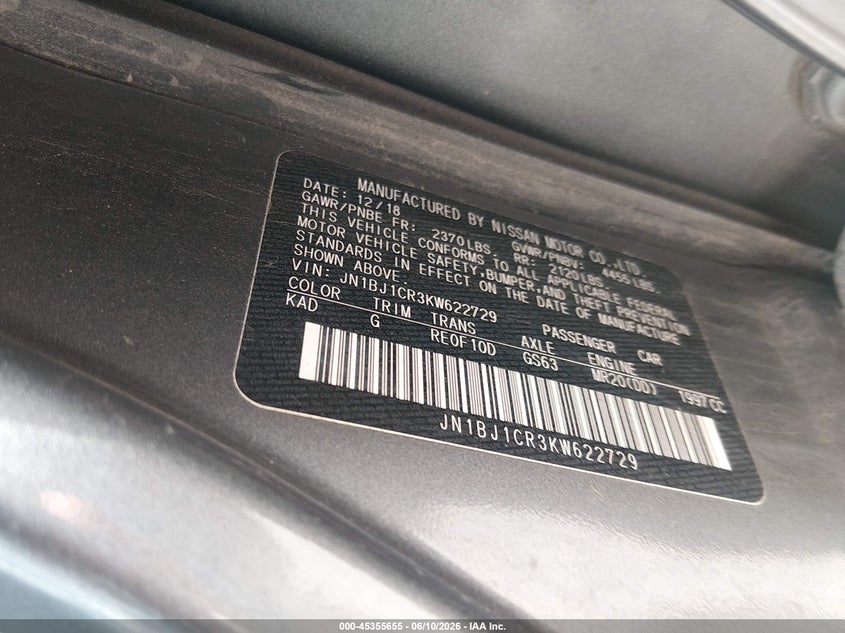 2019 Nissan Rogue VIN JN1BJ1CR3KW622729 IAAI salvage auction — RIGHT FRONT, Salvage Title, sold $25 on 2026-07-28 (photo 9)