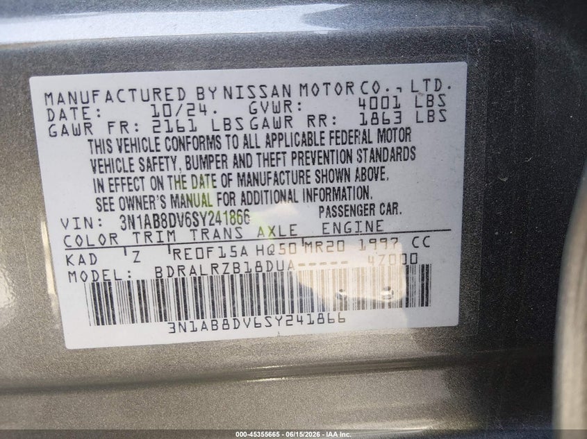 2025 Nissan Sentra VIN 3N1AB8DV6SY241866 IAAI salvage auction — FRONT END, Original (Texas), sold $7,500 on 2026-09-05 (photo 9)