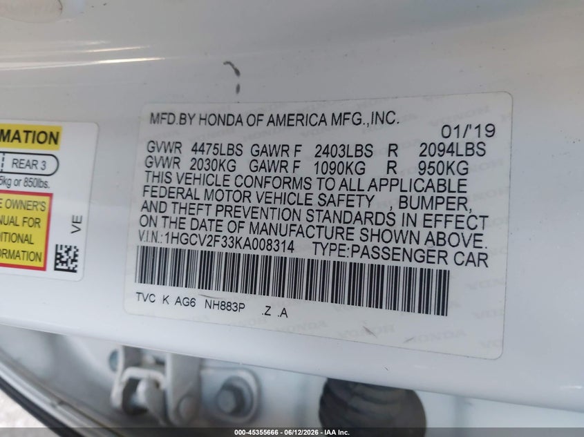 2019 Honda Accord VIN 1HGCV2F33KA008314 IAAI salvage auction — SIDE, Salvage Title, sold $4,575 on 2026-07-31 (photo 9)