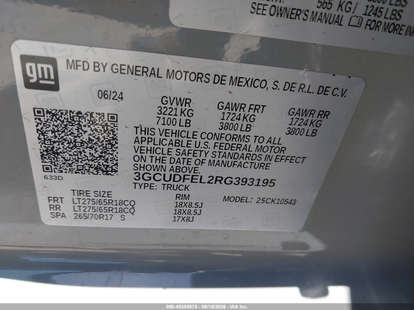 2024 Chevrolet Silverado VIN 3GCUDFEL2RG393195 IAAI salvage auction — FRONT END, Salvage Title, sold $17,300 on 2026-07-29 (photo 9)