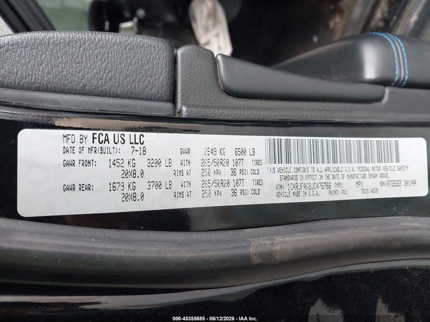 2018 Jeep Grand cherokee VIN 1C4RJFAG9JC476766 IAAI salvage auction — FRONT END, Salvage Title, sold $1,300 on 2026-07-11 (photo 9)