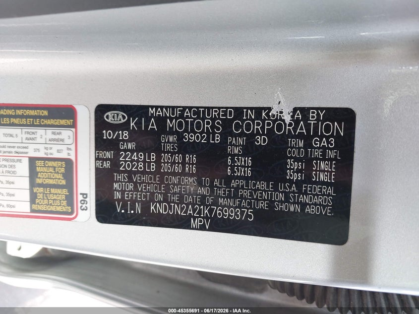 2019 Kia Soul VIN KNDJN2A21K7699375 IAAI salvage auction — ENGINE DAMAGE, Salvage (Idaho), sold $225 on 2026-07-07 (photo 9)